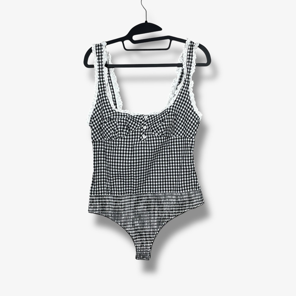 Free People Gingham Bodysuit Womens M Lace Trim Sleeveless Cottagecore